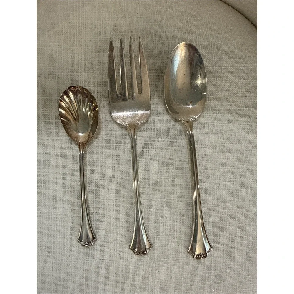 Reed & Barton Silverplate French Chippendale Serving Spoon & Fork & Scalloped Sp